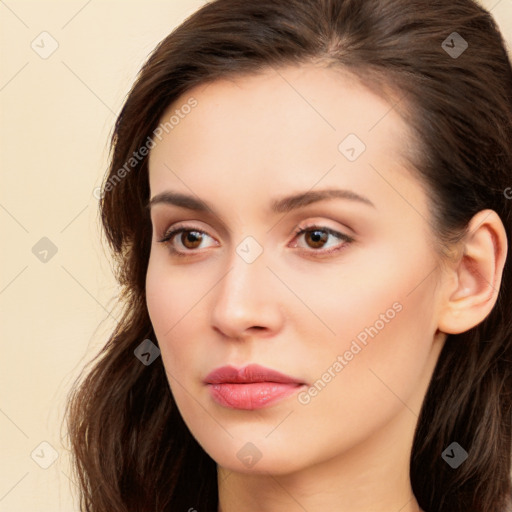 Neutral white young-adult female with long  brown hair and brown eyes