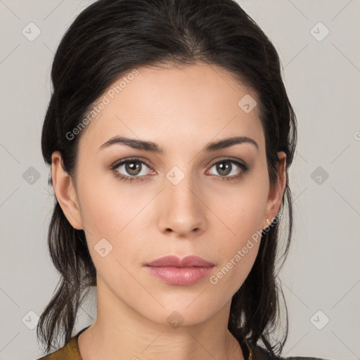 Neutral white young-adult female with medium  brown hair and brown eyes