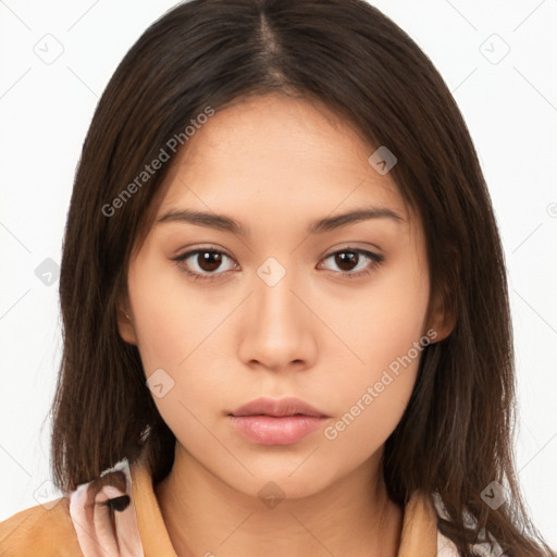 Neutral white young-adult female with long  brown hair and brown eyes