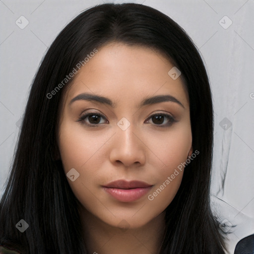 Neutral latino young-adult female with long  black hair and brown eyes