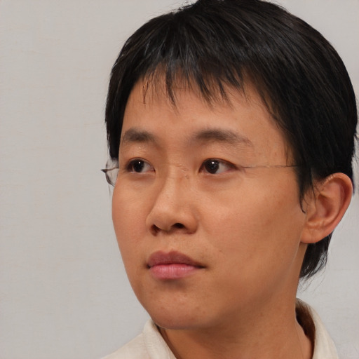Neutral asian young-adult female with medium  brown hair and brown eyes