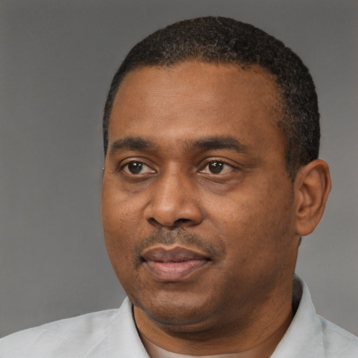 Neutral black adult male with short  black hair and brown eyes
