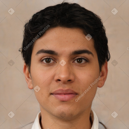 Neutral latino young-adult male with short  brown hair and brown eyes