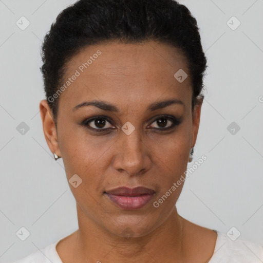 Neutral black young-adult female with short  black hair and brown eyes