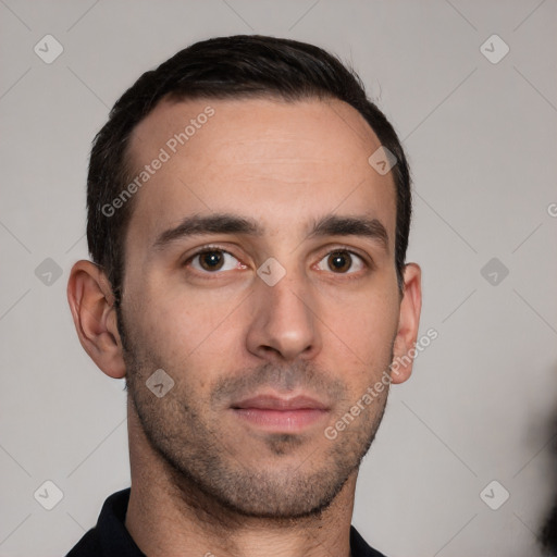 Neutral white young-adult male with short  brown hair and brown eyes