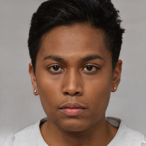 Neutral black young-adult female with short  brown hair and brown eyes