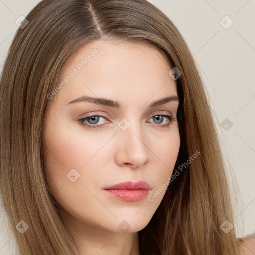 Neutral white young-adult female with long  brown hair and brown eyes