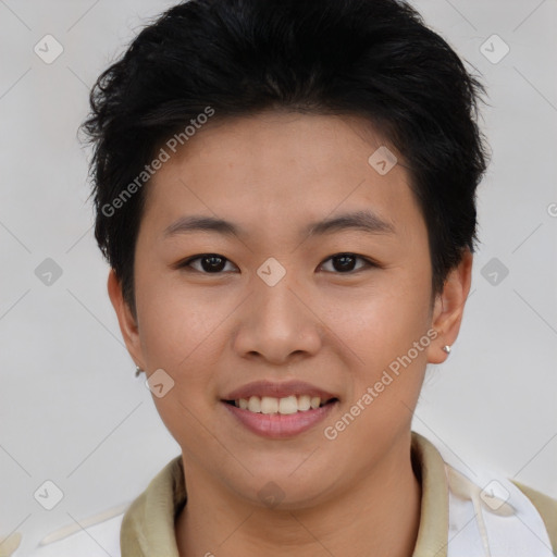 Joyful asian young-adult female with short  brown hair and brown eyes