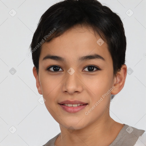 Joyful asian young-adult female with short  black hair and brown eyes