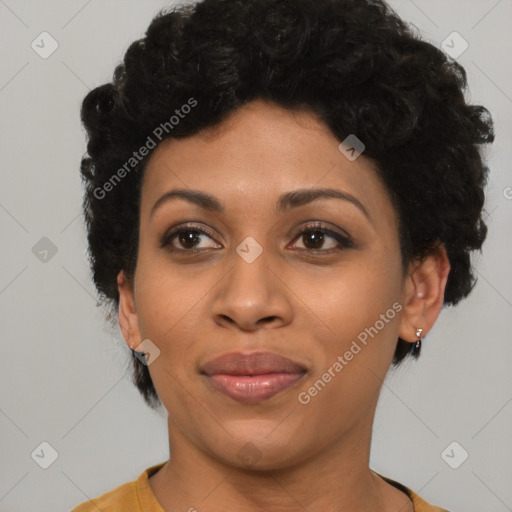 Joyful latino young-adult female with short  black hair and brown eyes