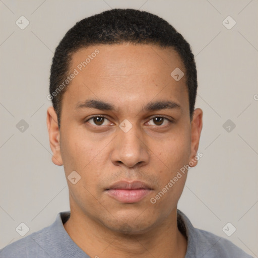 Neutral latino young-adult male with short  black hair and brown eyes