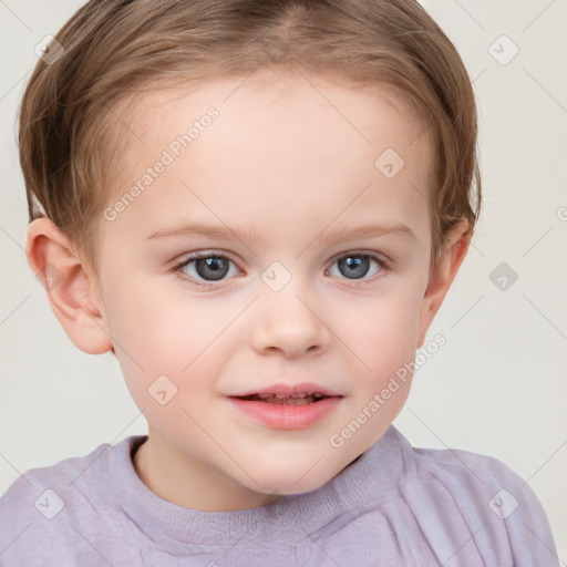 Joyful white child female with short  brown hair and grey eyes