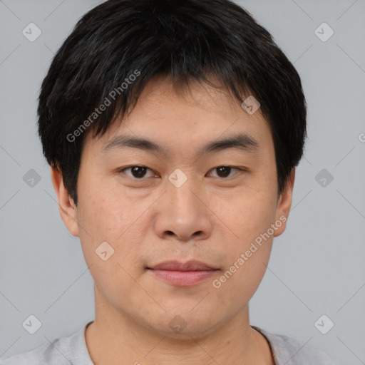 Neutral asian young-adult male with short  brown hair and brown eyes