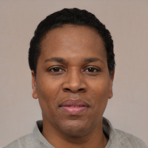 Neutral black adult female with short  black hair and brown eyes