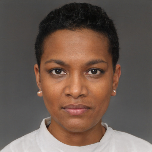 Neutral black young-adult female with short  black hair and brown eyes