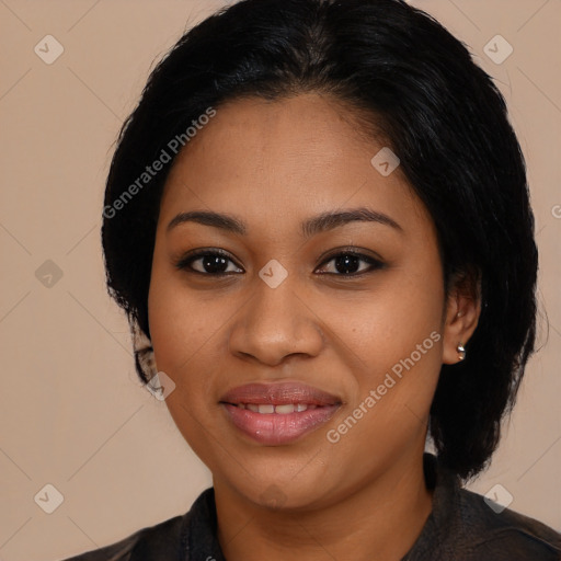 Joyful latino young-adult female with medium  black hair and brown eyes