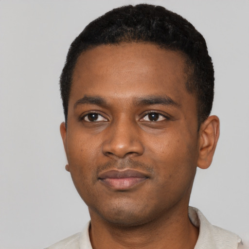 Neutral black young-adult male with short  black hair and brown eyes