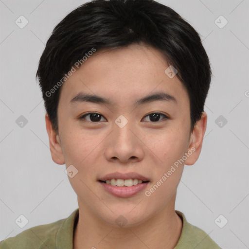 Joyful asian young-adult female with short  brown hair and brown eyes