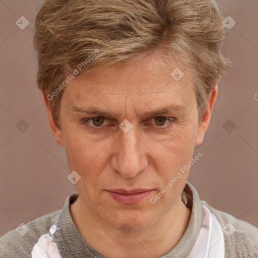 Joyful white middle-aged male with short  brown hair and brown eyes