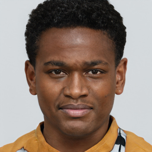 Joyful black young-adult male with short  brown hair and brown eyes