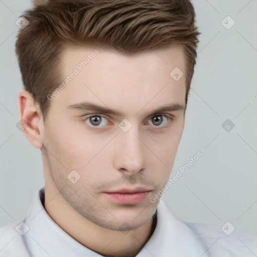 Neutral white young-adult male with short  brown hair and brown eyes