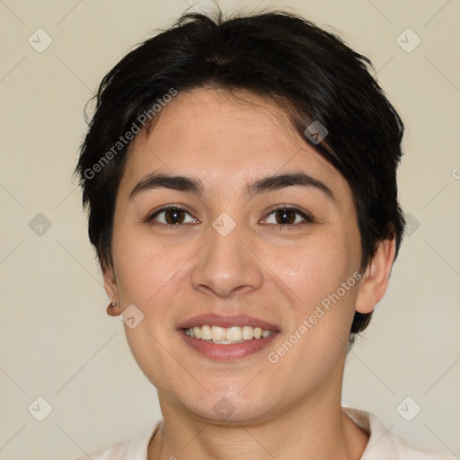 Joyful white young-adult female with short  brown hair and brown eyes