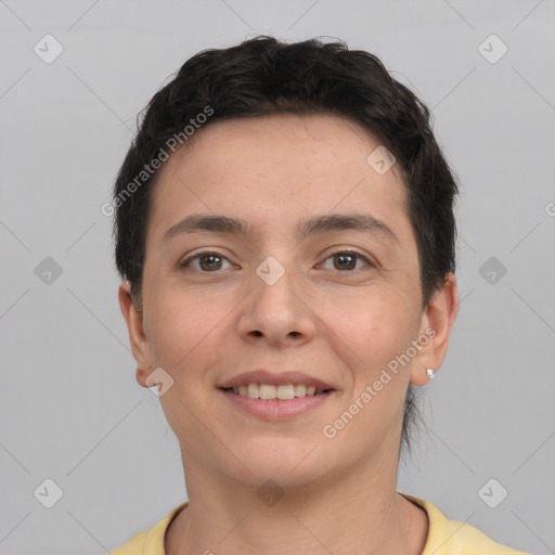 Joyful white young-adult female with short  brown hair and brown eyes