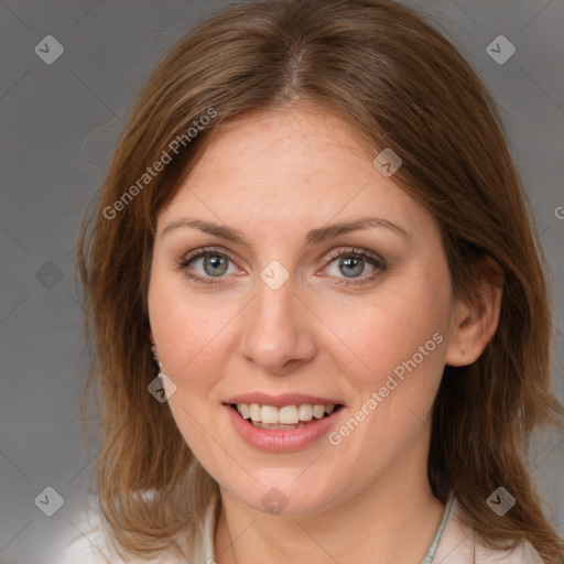 Joyful white young-adult female with medium  brown hair and blue eyes