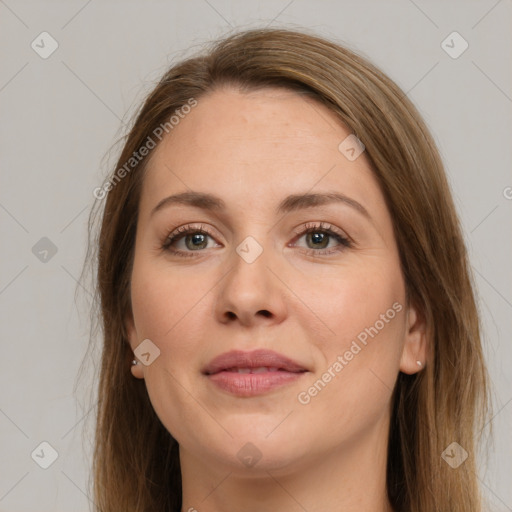 Joyful white young-adult female with long  brown hair and grey eyes