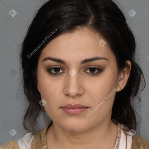 Neutral white young-adult female with medium  brown hair and brown eyes