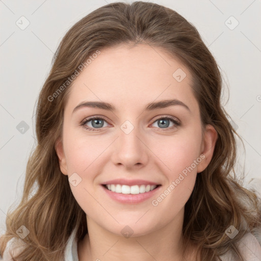 Joyful white young-adult female with medium  brown hair and green eyes