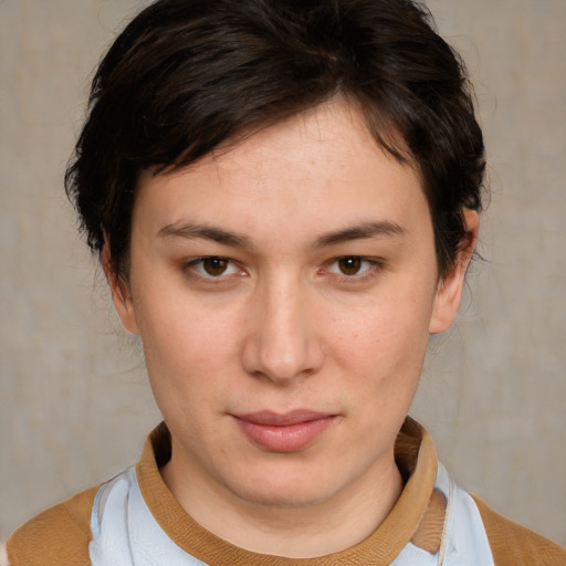 Neutral white young-adult female with medium  brown hair and brown eyes