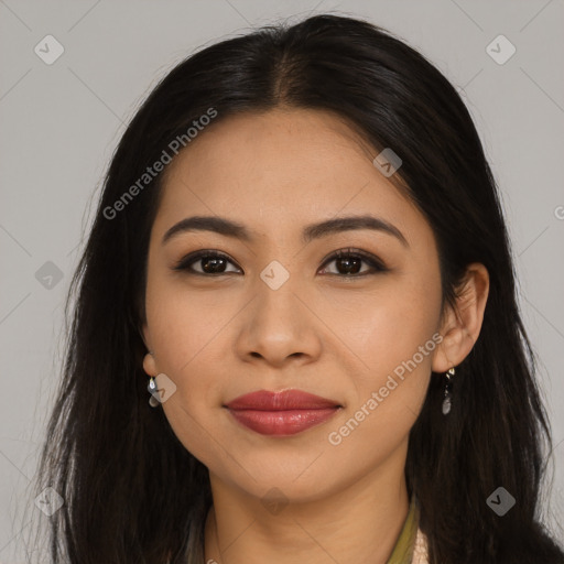 Joyful latino young-adult female with long  brown hair and brown eyes