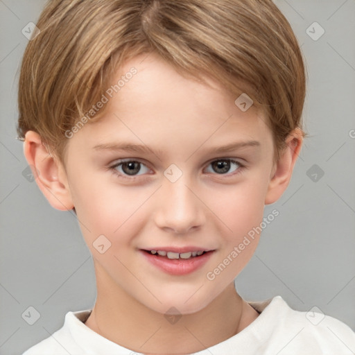 Joyful white child female with short  brown hair and brown eyes