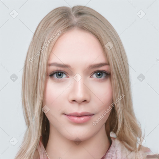 Neutral white young-adult female with long  brown hair and grey eyes