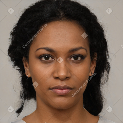 Neutral black young-adult female with medium  black hair and brown eyes