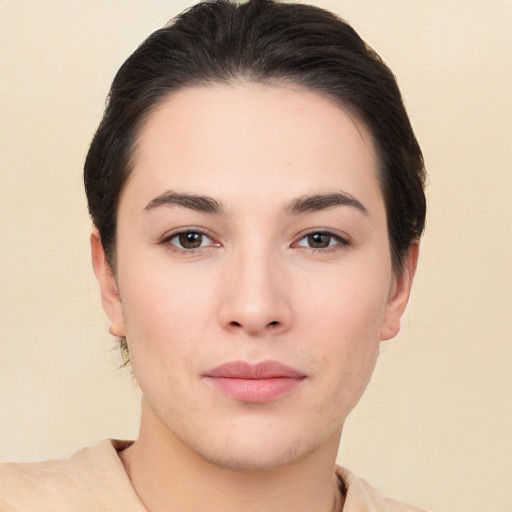 Neutral white young-adult female with short  brown hair and brown eyes