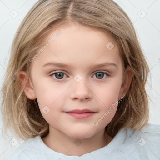 Neutral white child female with medium  brown hair and blue eyes