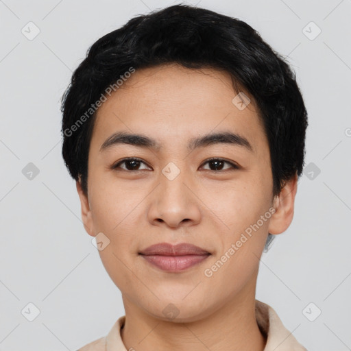 Joyful latino young-adult male with short  black hair and brown eyes