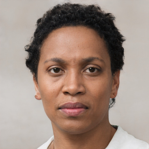 Neutral black adult female with short  brown hair and brown eyes