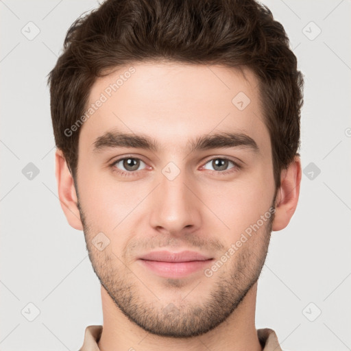 Neutral white young-adult male with short  brown hair and brown eyes