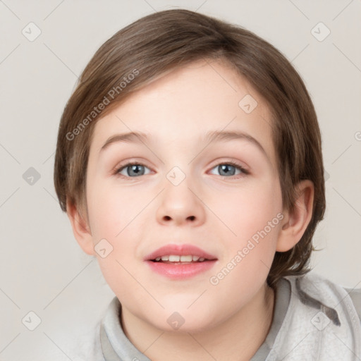 Joyful white child female with medium  brown hair and blue eyes