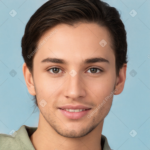 Joyful white young-adult male with short  brown hair and brown eyes