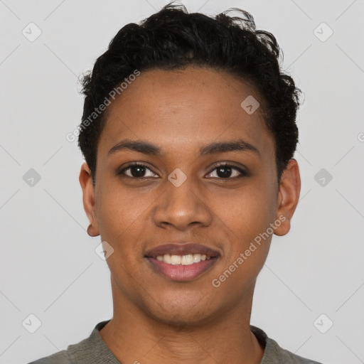 Joyful black young-adult female with short  black hair and brown eyes