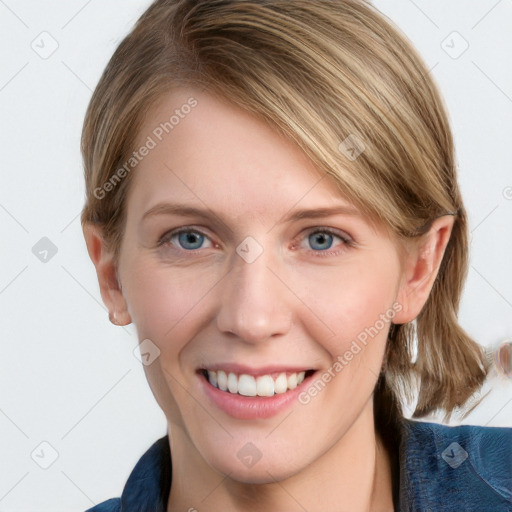 Joyful white young-adult female with medium  brown hair and blue eyes