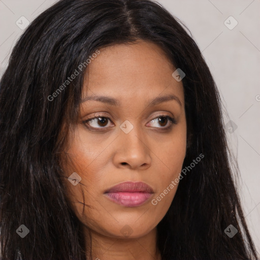 Joyful asian young-adult female with long  brown hair and brown eyes