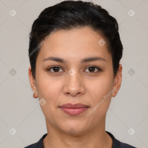 Joyful white young-adult female with short  brown hair and brown eyes