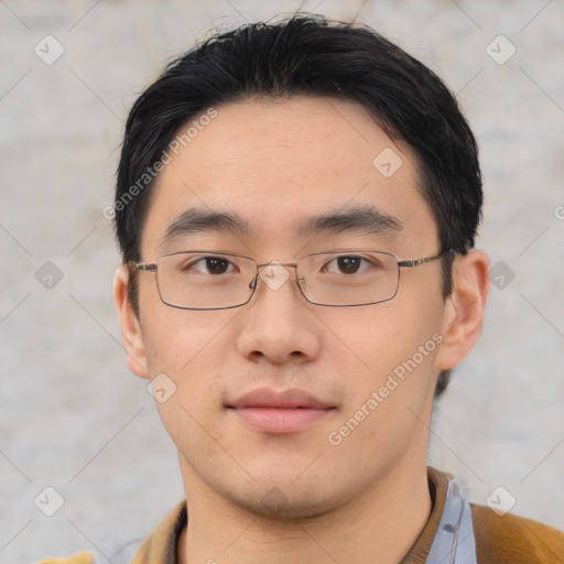 Neutral asian young-adult male with short  black hair and brown eyes