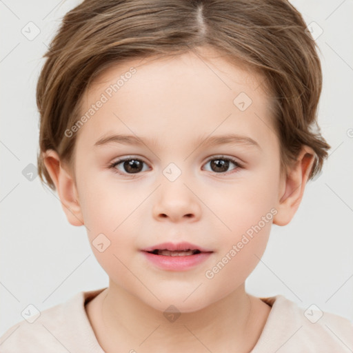 Joyful white child female with short  brown hair and brown eyes