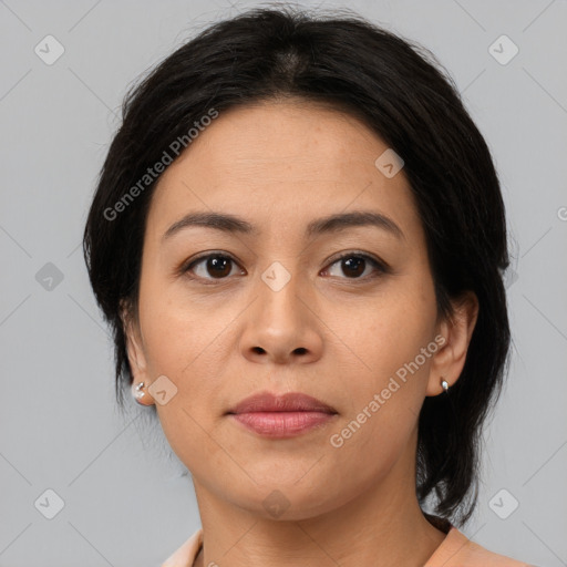 Joyful white young-adult female with medium  brown hair and brown eyes